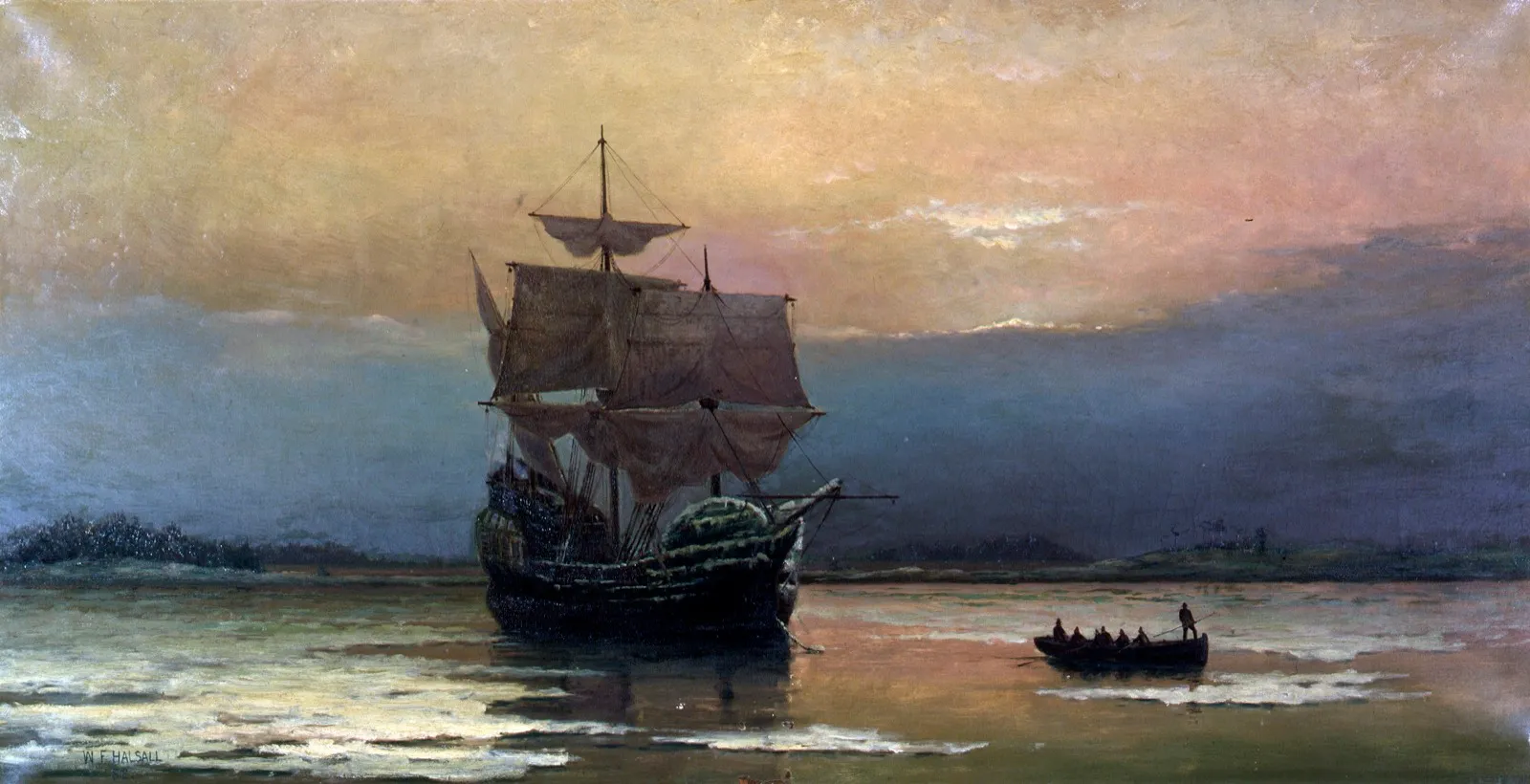 Painting "Mayflower in Plymouth Harbor" by William Halsall: the Mayflower off Plymouth, 1620