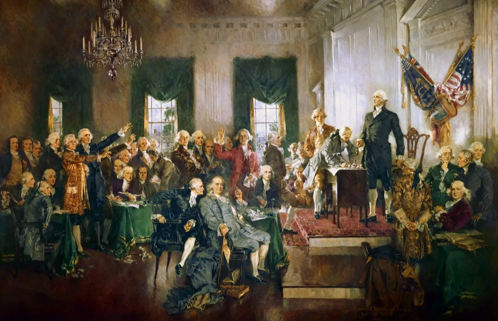 Painting "Scene at the Signing of the Constitution" by Howard Chandler Christy: signing of the U.S. Constitution in 1787